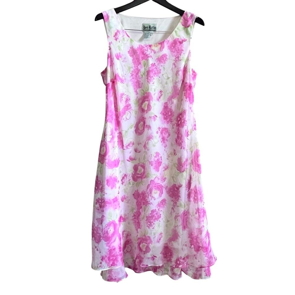 VTG Sheri Martin NY Pink Floral Chiffon Sleeveless Sheath Dress Large* (L455)‎